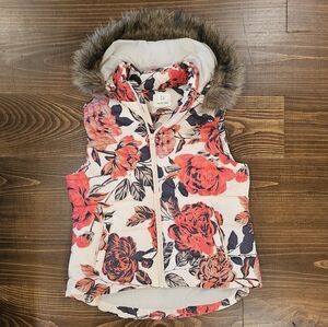 Floral Puffer Vest with Removable Faux Fur On Hood